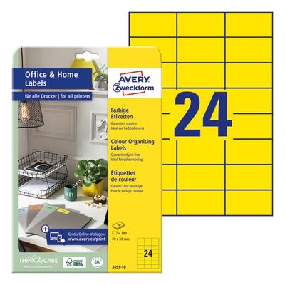Etikett AVERY 3451-10 70x37mm univerzális sárga 240 címke/doboz 10 ív/doboz